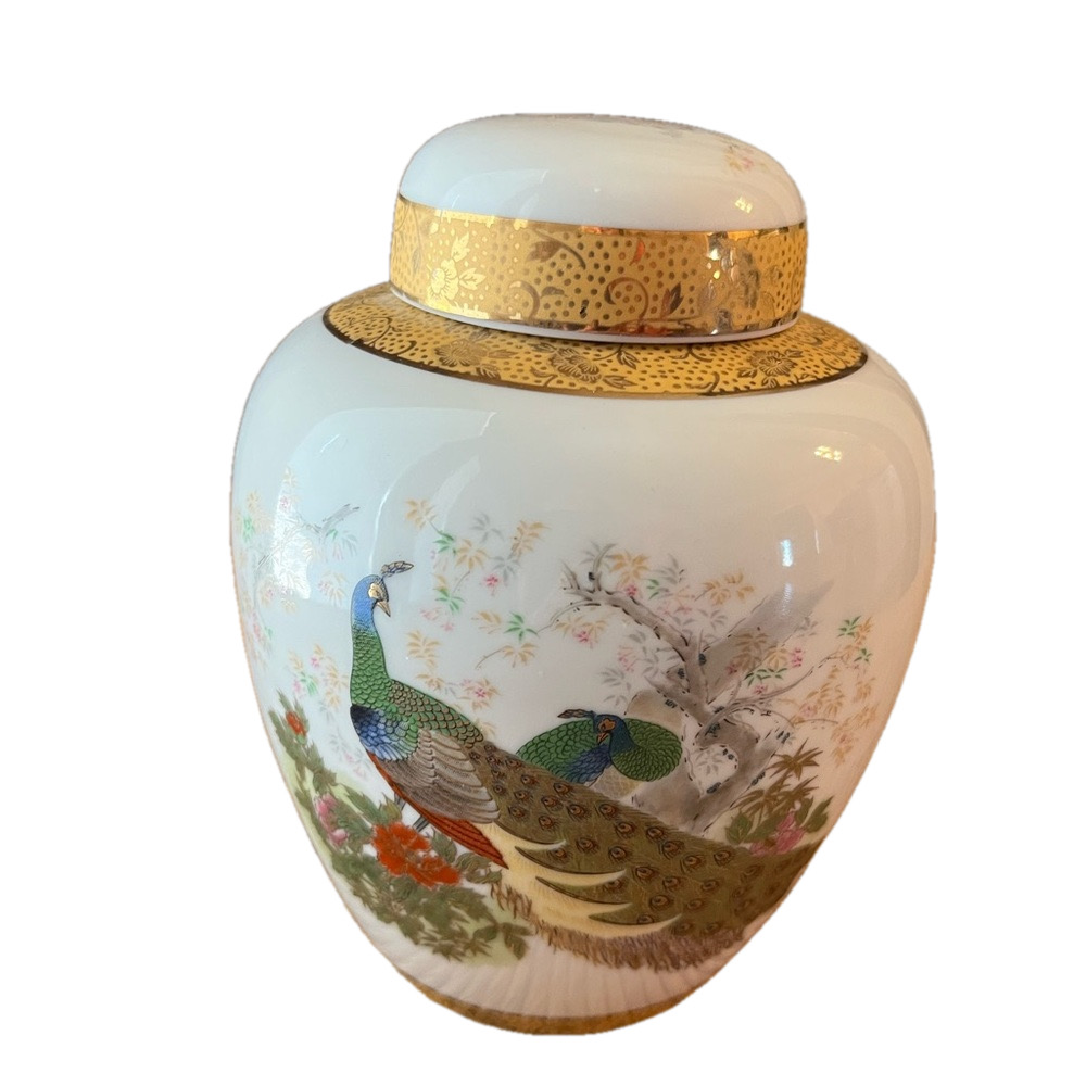 Vintage Japanese White Porcelain Gold Banded Ginger Jar Peacocks Cherry Blossoms